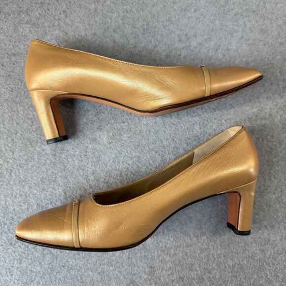 St John Block Heels Pumps Womens Tan Cream Leather‎ Vintage Chic Classic Size 6 - Picture 1 of 16